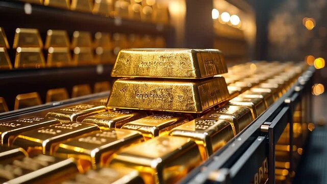 Stacked gold bars in a dimly lit vault, capturing the essence of wealth
