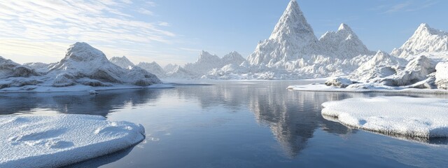 Fototapeta premium Clear mountain lake, reflective surface, snowy peaks, soft morning light
