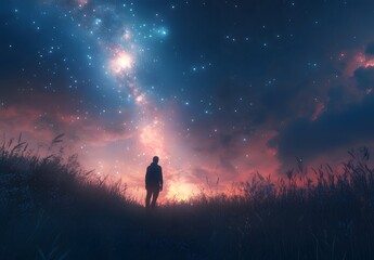 Fototapeta premium A man standing on the grassland under a starry sky, with a distant view, in a night scene, with the sky full of stars, and a distant galaxy