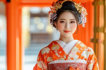Fototapeta premium Enchanting Japanese Bride: Exquisite Beauty in Traditional Wedding Attire at a Sacred Shrine - Selective Focus Overlay