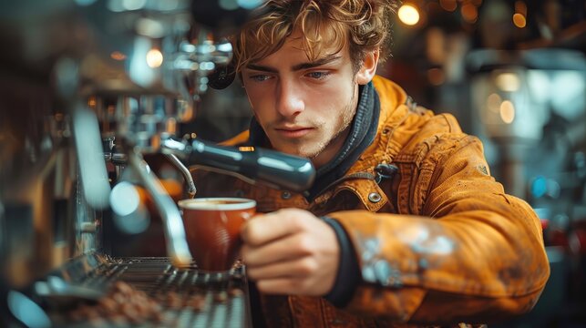 handsome baristworking in coffee shop preparing coffee university student working part time in cafe close up,hands holding coffe cup