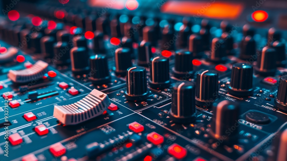 Poster detailed close-up of audio mixer control panel with clean background
