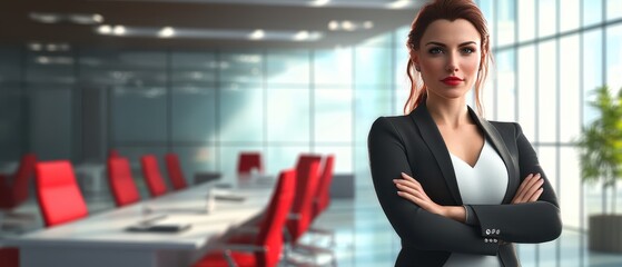Obraz premium Businesswoman with crossed arms, standing in a modern conference room, 3D illustration