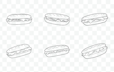 Print Philly Cheesesteak Line Art Vector Set with Detailed Illustrations of Classic Sandwich Ingredients