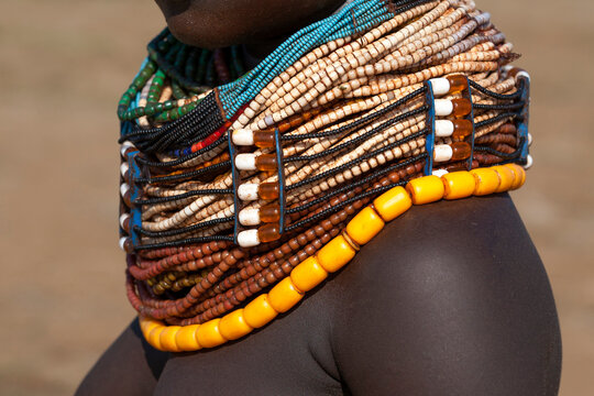 Africa, Ethiopia, Southern Omo Valley, Nyangton Tribe. Detail of a Nyangton woman's heavy bead necklace.
