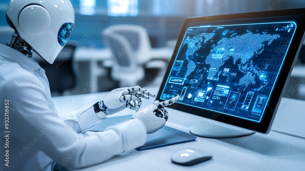 Poster Humanoid robot working on a computer with a global map interface.