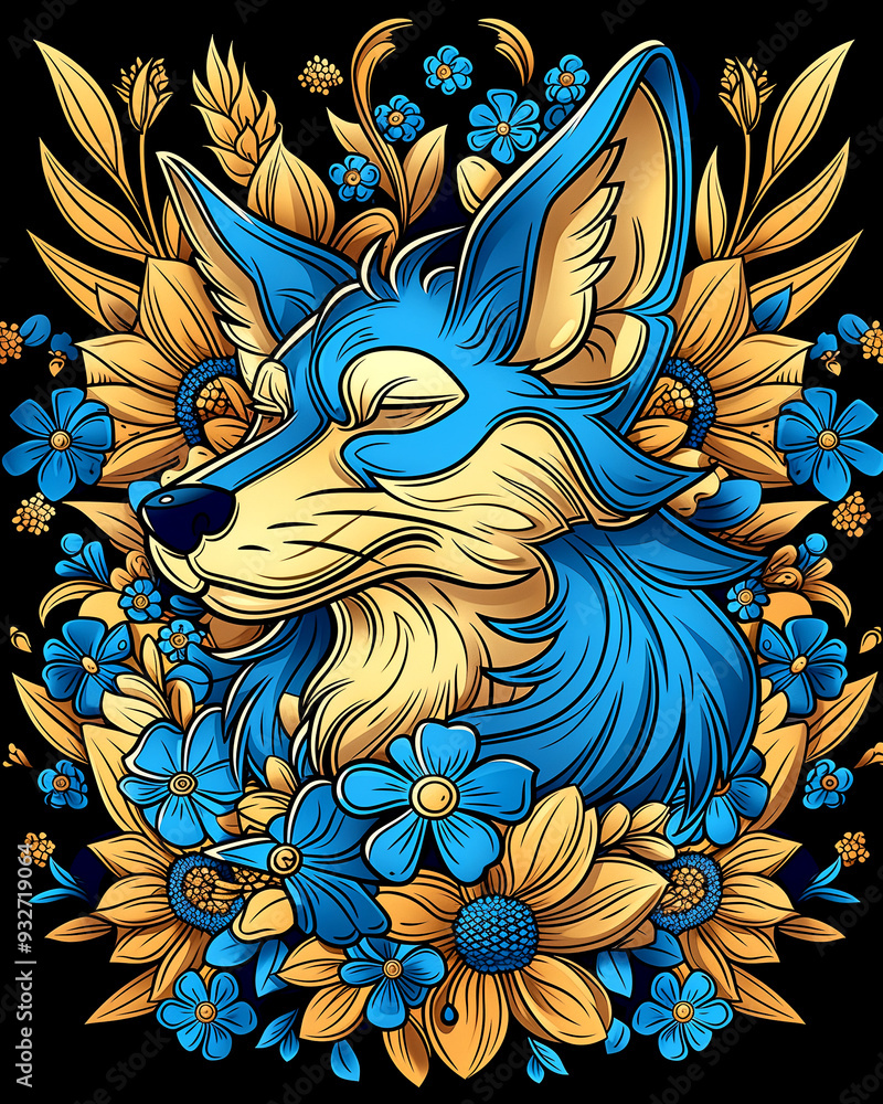 Sticker a blue dog with a flowery background. the dog is sleeping and the flowers are yellow