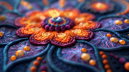Obraz premium Embroidered Floral Pattern 3D Illustration - Close-up View of Colorful Fabric with Beads