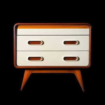 recommend clip art: Retro Chest of Drawers in White and Brown with Three Drawers, Set on a High-Resolution Black Background for Modern Interiors.