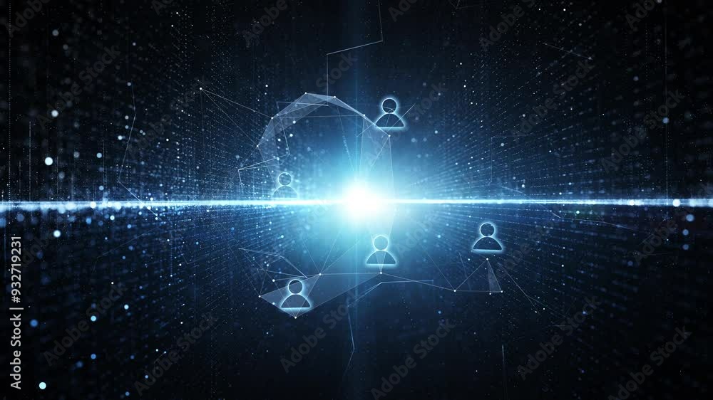 Poster loop futuristic shiny people icons cyberspace computer technology animation.
