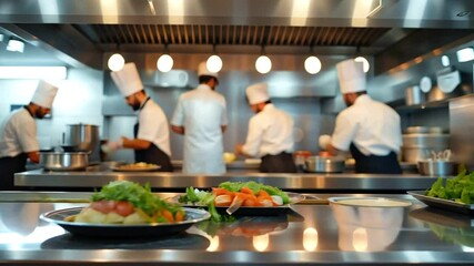 Professional chefs in a commercial kitchen with fresh ingredients and cooking utensils