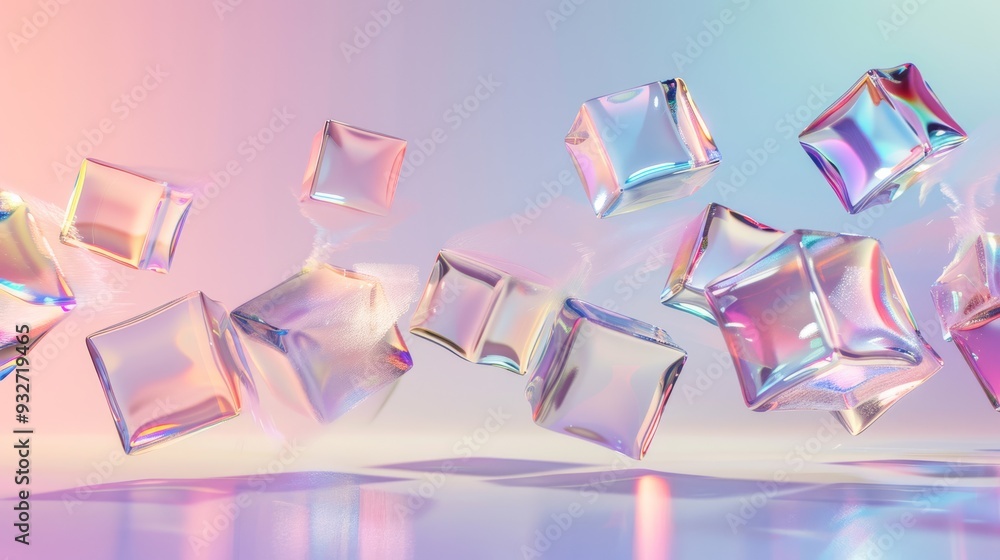 Poster Dynamic composition of translucent cubes suspended in mid-air with soft shadows and a smooth pastel backdrop