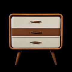 Classic White and Brown Retro Chest of Drawers with Three Drawers, Displayed on a High-Resolution Black Isolated Background.