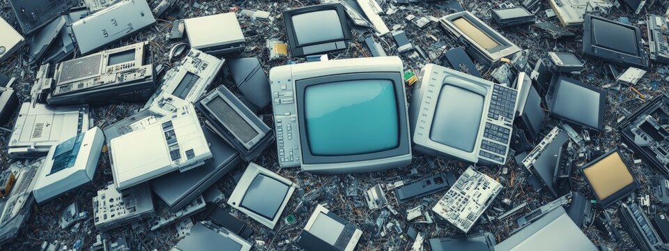 E-waste dump, discarded electronics, toxic materials, soft diffused light
