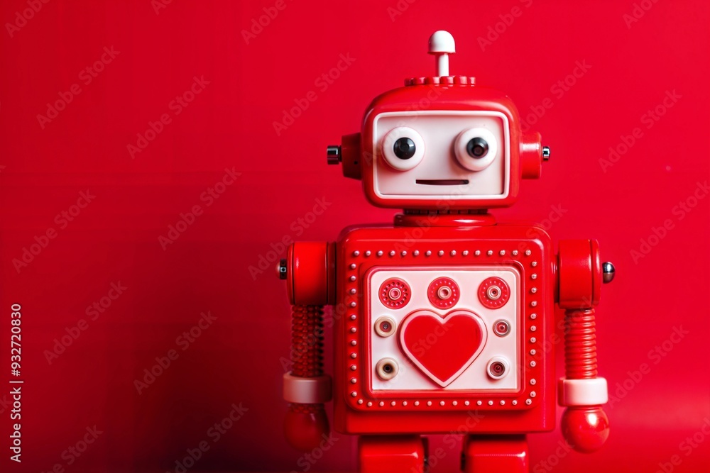 Poster retro red robot with heart design on vibrant red background