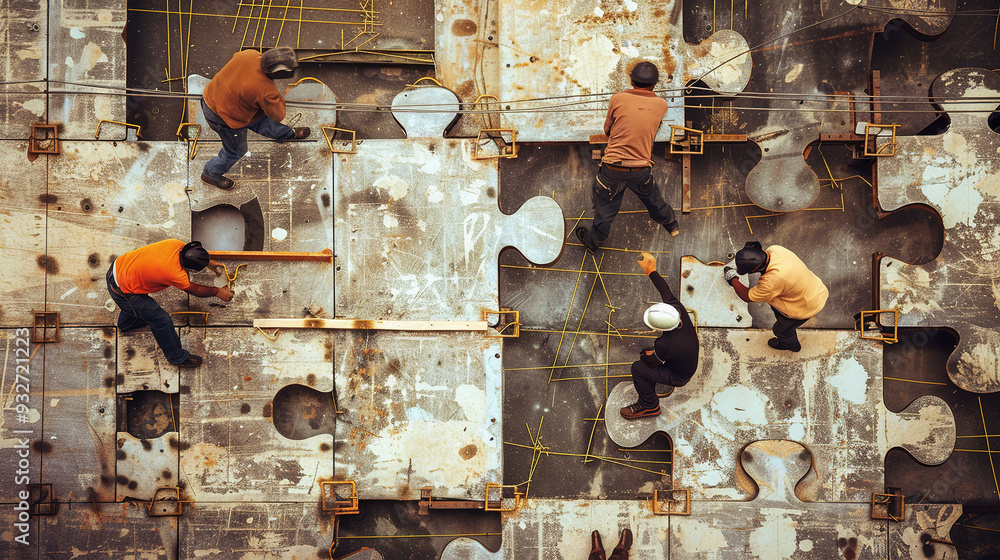 Wall mural workers constructing a building using puzzle pieces