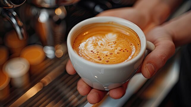 handsome baristworking in coffee shop preparing coffee university student working part time in cafe close up,hands holding coffe cup