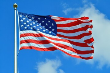 Obraz premium Flag Waves: Photograph the American flag waving in the breeze, emphasizing its symbolism and patriotism.
