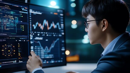 Thai person using AI-driven financial tools for investment analysis and real-time market tracking.