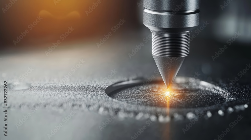 Aufkleber close-up of a precision laser cutting tool in action, focusing on the intricate detail of the materi