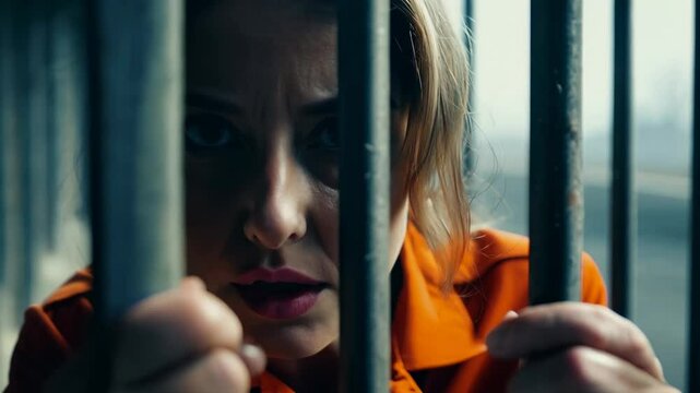 Middle aged Caucasian female prisoner in an orange uniform against a background of metal bars looks at the camera. The criminal serves his sentence in a prison cell. FHD video.