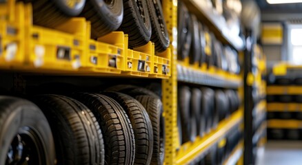 Fototapeta premium Tires on Shelves in a Warehouse