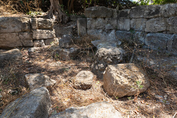 Stone  fragments of inner rooms of synagogue from 1st 2nd centuries AD near Beit Shearim necropolis near the Kiryat Tivon city in northern Israel