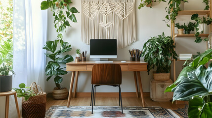 Fototapeta premium A beautifully designed home office features a wooden desk, modern plant arrangements, and a striking macrame wall hanging, creating a serene workspace
