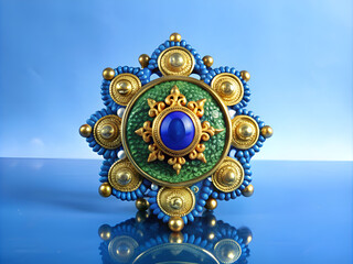 This exquisite gold and green brooch features a stunning blue stone at its center, making it a striking piece of jewelry