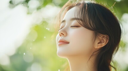 Naklejka premium Serene Korean Model Embracing Rain for Self-Love in Vibrant Garden - Refreshing Moments of Cleansing Joy
