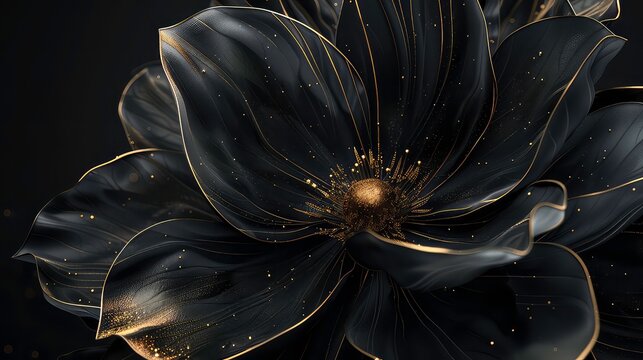 Close up of a black flower with golden accents and sparkling dust.