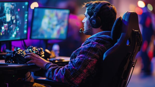 A gamer with physical disabilities using adaptive gaming controllers to participate in an online tournament, fully engaged and communicating with teammates via a headset. The image celebrates 