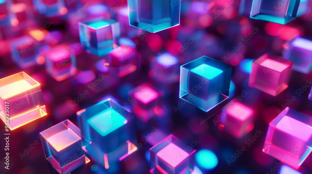 Poster Energetic pattern of floating, neon-lit cubes creating an abstract, futuristic atmosphere against a dark background