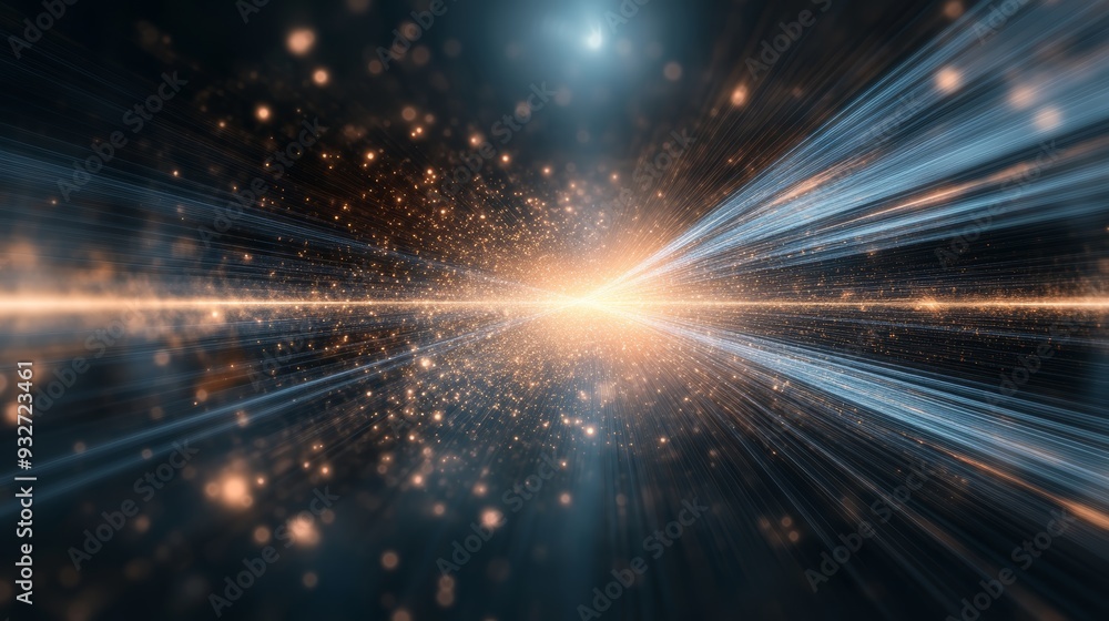 Poster dynamic light rays converge towards a bright core, creating a mesmerizing cosmic effect with sparkli
