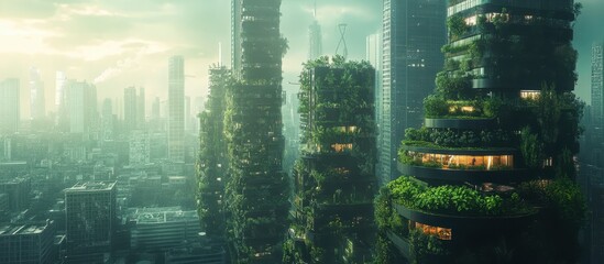 Obraz premium Futuristic Urban Cityscape with Green Skyscrapers and Lush Vertical Gardens in a Misty Morning