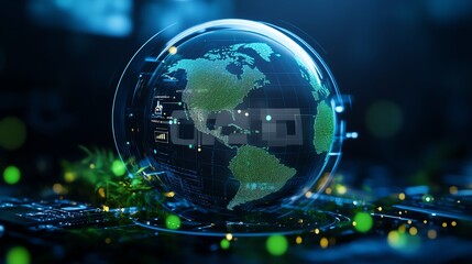 Obraz premium Futuristic concept of the earth in a glass sphere with glowing lights and data.