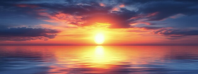 Fototapeta premium Ocean sunset, deep blues and oranges, reflective water, warm light