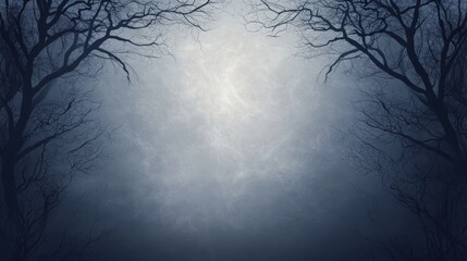 A haunting scene with dark branches framing a misty light, evoking a sense of mystery and enchanted atmosphere.