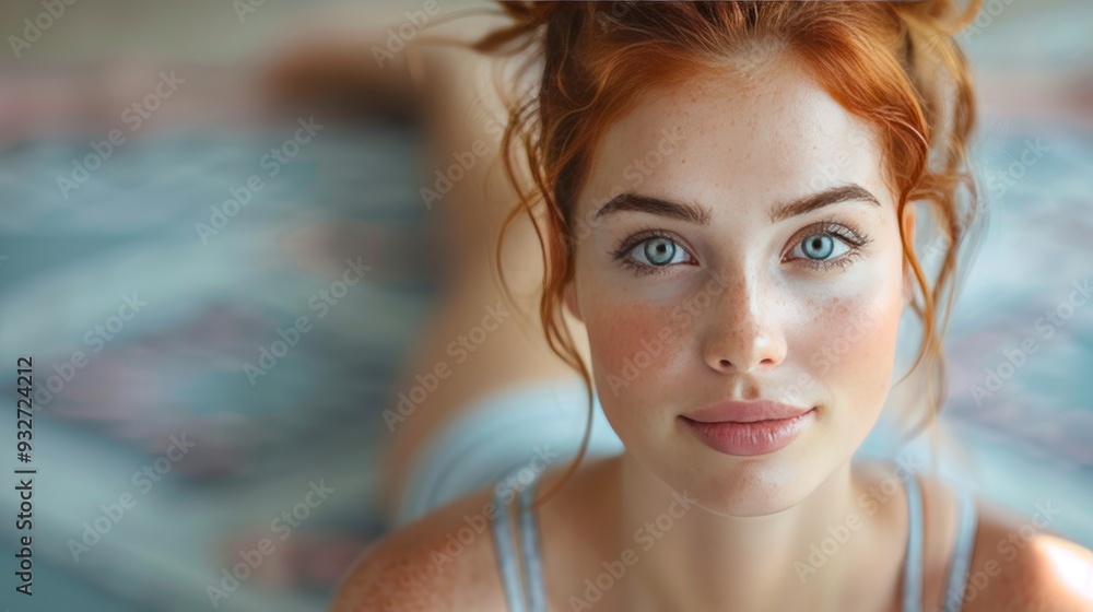 Wall mural headshot of beautiful redhead woman during fitness routine home workout,gym mt in living room sporty woman wearing sportswear