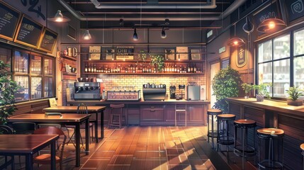 A stylish coffee shop interior showcases wooden furniture, sunlit counters, and lush plants creating a welcoming ambiance