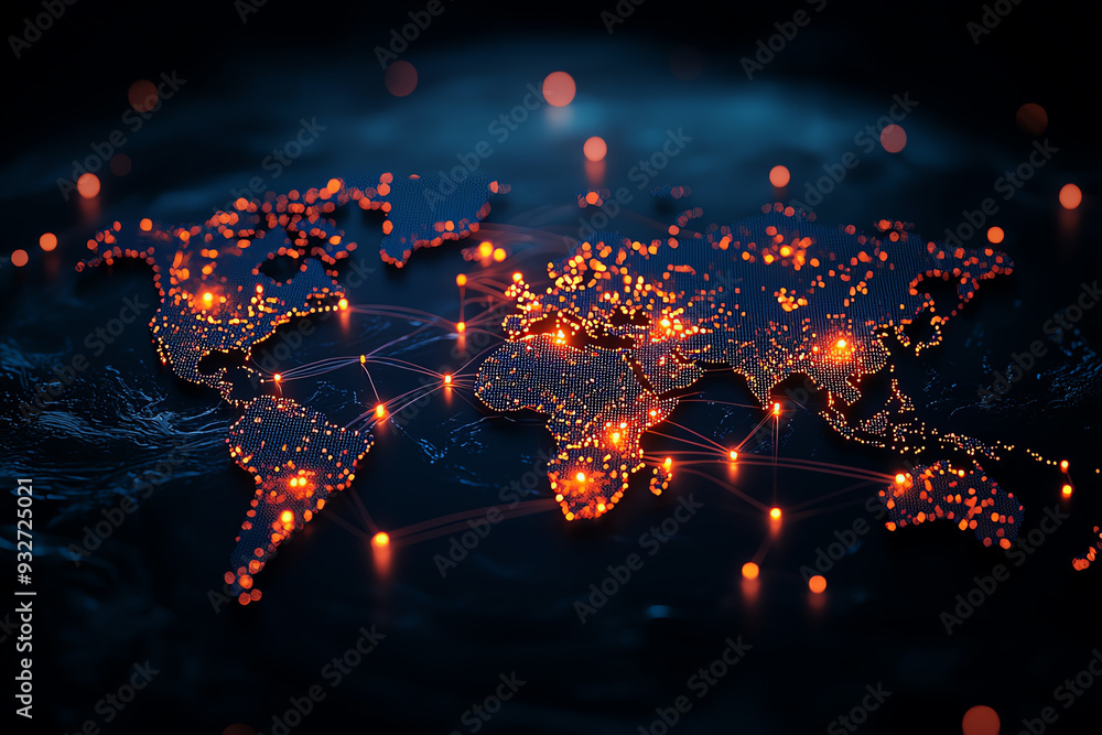 Poster Illuminated world map with glowing connections, symbolizing global communication and networking against a dark background.