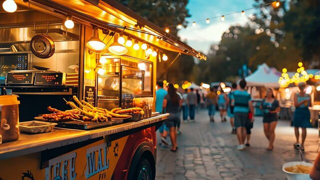 A food truck festival at sunset with strings of lights