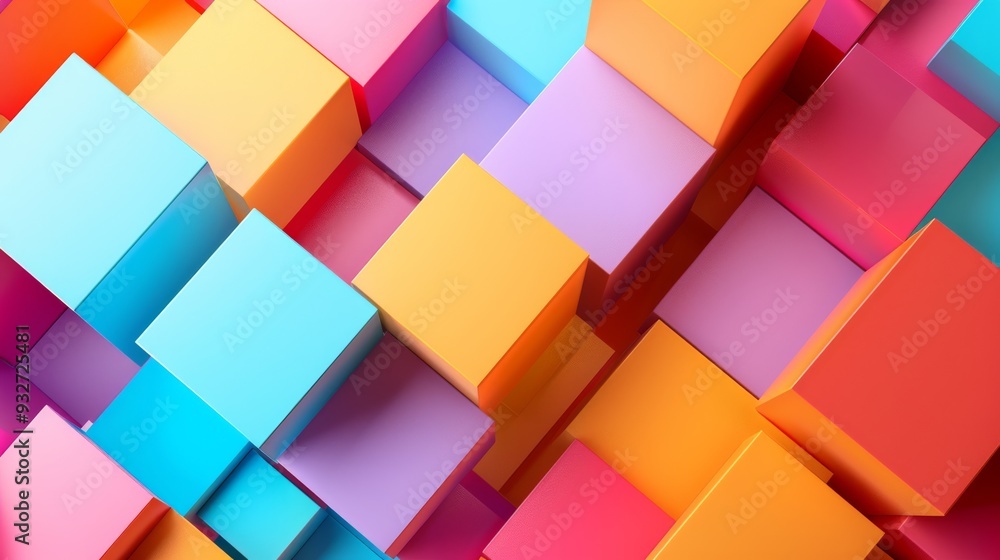Poster geometric background with overlapping cubes in bright colors and varying opacities on a minimalist s