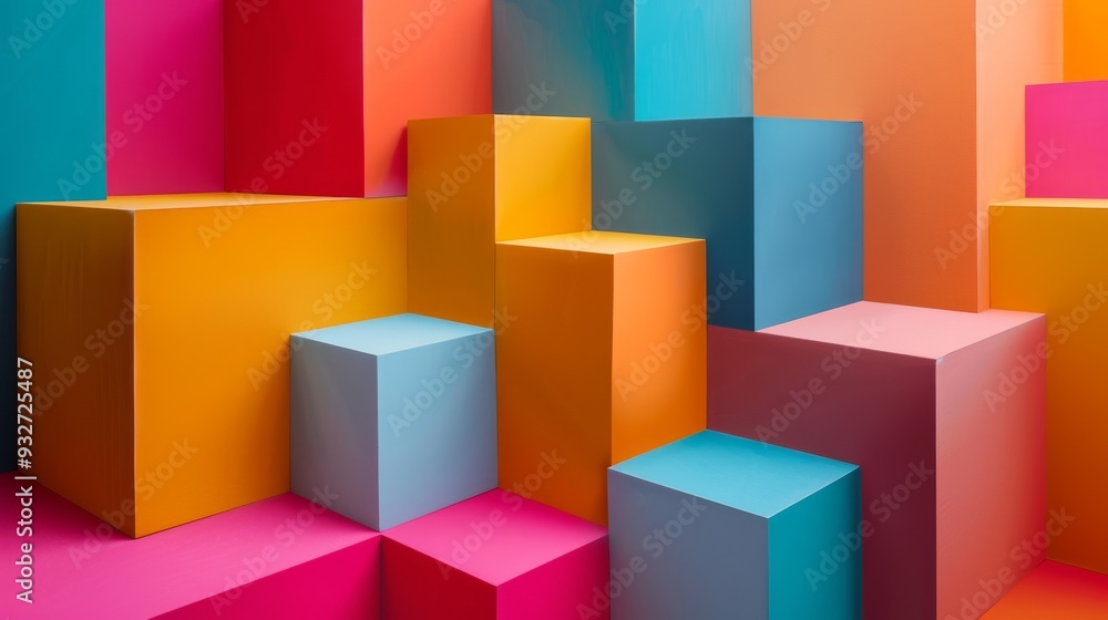 Aufkleber geometric background with overlapping cubes in bright colors and varying opacities on a minimalist s