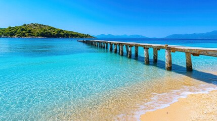 Fototapeta premium A wooden pier extending towards a small island in turquoise water