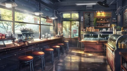 Bright sunlight filters through the windows of a cozy coffee shop, highlighting the inviting decor and inviting seating area