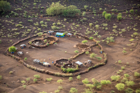 Africa, Kenya, Aerial view of Masai tribal settlement in Rift Valley near Oldonyo Nyokie
