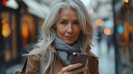 Fototapeta premium mature businesswoman scrolling,smartphone going home from work beautiful older woman,gray hair walking down city street
