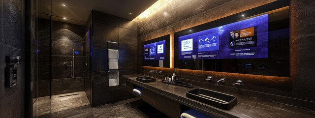 Smart mirror, displaying weather and news updates, in a bathroom, soft morning light