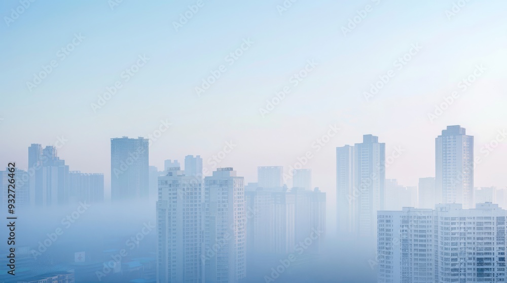 Poster graceful city skyline with distinctive tall structures and a serene backdrop of early morning mist o